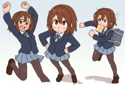 1girl bag beachepisode blush bread bread_slice brown_eyes brown_hair clenched_hands commentary english_commentary food food_in_mouth hair_ornament hairclip highres hirasawa_yui jacket k-on! mouth_hold pantyhose running school_uniform shoes short_hair skirt toast toast_in_mouth
