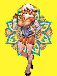 Rule 34 | 1girl, animal ears, areola slip, barefoot, blue shorts, breasts, cheunchin, commentary, commission, dark-skinned female, dark skin, detached sleeves, english commentary, fingernails, full body, goat ears, goat girl, goat tail, grey overalls, grey sleeves, highres, hooves, horns, large breasts, looking at viewer, monster musume no iru nichijou, neck fur, open mouth, overalls, red eyes, saane (monster musume), satyr, second-party source, short hair, short shorts, shorts, solo, standing, tongue, tongue out, white hair, white nails, yellow background, yellow horns