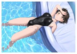 1girl afloat black_hair black_one-piece_swimsuit breasts brown_eyes closed_mouth commentary competition_swimsuit floating floating_object from_above highleg highleg_one-piece_swimsuit highres inflatable_raft looking_at_viewer lying medium_breasts on_back one-piece_swimsuit original pool short_hair smile solo swimsuit wa_(genryusui) wet