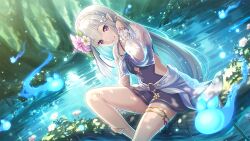 1girl blue_gemstone braid breasts crown_braid elf emilia_(re:zero) flower forest gem gold_thighlet hair_flower hair_ornament hair_ribbon knee_up light_reflection_(water) long_hair looking_at_viewer medium_breasts nature official_alternate_costume official_art pointy_ears princess_connect! purple_eyes purple_gemstone purple_ribbon re:zero_kara_hajimeru_isekai_seikatsu ribbon sarong see-through_clothes see-through_sarong see-through_sleeves sitting smile spirit swimsuit tree tucking_hair water wet white_flower white_hair x_hair_ornament