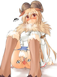 !? 1girl animal_ears baphomet_(ragnarok_online) blonde_hair blue_panties blush breasts brown_horns censored closed_mouth commentary_request dress full_body fur-trimmed_sleeves fur_collar fur_trim genderswap genderswap_(mtf) goat_ears goat_girl goat_horns hair_between_eyes hooves horns humanization kaminagi_(kaminagi-tei) large_breasts long_hair long_sleeves looking_at_viewer mosaic_censoring nose_blush panties panty_pull pleated_dress pussy pussy_juice ragnarok_online red_eyes short_dress simple_background solo spread_pussy spreading_own_pussy striped_clothes striped_panties underwear white_background white_dress white_panties