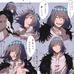 1boy absurdres blue_eyes cape closed_mouth crown diamond_hairband fate/grand_order fate_(series) fur-trimmed_cape fur_trim grey_hair highres insect_wings long_hair long_sleeves looking_at_viewer male_focus oberon_(fate) oberon_(third_ascension)_(fate) shirt smile sota_cat spoilers upper_body white_shirt wings