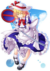 Rule 34 | 1girl, aka tawashi, apron, back bow, black shoes, blonde hair, blue dress, bow, bowtie, buttons, closed mouth, commentary request, dress, elbow gloves, frilled apron, frilled dress, frills, full body, gloves, happy, hat, hat ribbon, high heels, highres, holding, holding sign, kana anaberal, mary janes, puffy short sleeves, puffy sleeves, red bow, red bowtie, red ribbon, ribbon, road sign, shoes, short hair, short sleeves, sign, smile, socks, solo, sun hat, touhou, waist bow, white apron, white bow, white gloves, white hat, white socks, yellow eyes