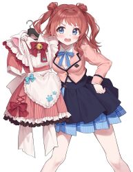1girl animal_ear_hairband animal_ears apron blazer blue_eyes blue_skirt blush bow bowtie breasts chobi_(penguin_paradise) clothes_hanger commentary embarrassed fake_animal_ears frills furrowed_brow gakuen_idolmaster hairband hanami_saki hatsuboshi_gakuen_school_uniform heart_apron highres holding holding_clothes_hanger idolmaster jacket legs_apart long_sleeves looking_at_viewer maid medium_breasts medium_hair neck_ribbon open_mouth overskirt paw_print paw_print_pattern pink_jacket pleated_skirt red_hair ribbon school_uniform shirt simple_background skirt solo striped_clothes striped_skirt two_side_up vertical-striped_clothes vertical-striped_skirt wavy_hair white_background white_shirt