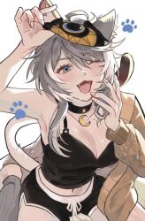 Rule 34 | 1girl, animal ears, armpits, black camisole, black choker, black shorts, blue eyes, breasts, brown sweater, camisole, cat ears, cat girl, cat tail, choker, cipher (honkai: star rail), cipher (sweet slumber) (honkai: star rail), cleavage, commentary request, dalsan110, dolphin shorts, fang, grey hair, honkai: star rail, honkai (series), korean commentary, large breasts, midriff, mole, mole on breast, navel, official alternate costume, one eye closed, paw print, paw print background, shorts, simple background, sleep mask, solo, sweater, tail, white background, yawning