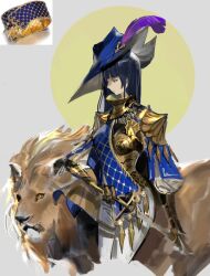 1girl armor black_hair blue_hat blue_sleeves blue_tabard blunt_bangs bracelet bracer breastplate circle closed_mouth commentary_request cropped_legs gauntlets gold_armor green_eyes grey_background hat hat_feather highres holding holding_sword holding_weapon jewelry korean_commentary layered_sleeves light_rays lion long_hair long_sleeves looking_ahead original pants personification puffy_long_sleeves puffy_sleeves reference_inset sheath shirt shycocoa solo straight_hair sword tabard thigh_strap two-sided_fabric two-sided_headwear unsheathing unworn_jewelry weapon white_pants white_shirt