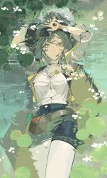 1girl arms_up belt belt_pouch black_shorts black_vest bracelet breasts brown_belt brown_hair cape cleavage closed_mouth cowboy_shot ddul_(hauluimubingoj1) dice dot_mouth duckweed from_above green_eyes green_hat hands_up hat hat_feather highres holding holding_dice jewelry lily_pad looking_at_viewer lying mole mole_under_eye newsboy_cap open_clothes open_vest pantyhose partially_submerged polyhedral_dice pouch recoleta_(reverse:1999) reverse:1999 shirt short_hair short_shorts shorts solo vest water white_pantyhose white_shirt yellow_cape