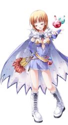 1girl alchemist_(ragnarok_online) blonde_hair blue_cape blue_dress blue_gloves blush boots breasts cape closed_eyes dress elbow_gloves fingerless_gloves flask folding_fan full_body fur_collar gloves hand_fan holding holding_fan large_variant_set medium_breasts medium_hair miyase_mahiro official_art open_mouth potion ragnarok:_guild_masters ragnarok_online raised_eyebrows round-bottom_flask short_dress simple_background solo standing strapless strapless_dress transparent_background variant_set white_boots