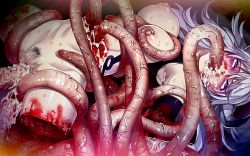 ahegao amputee anal blood blood_on_face blood_on_hands blood_splatter body_grab breasts_squeezed_together breasts clockup cum cum_in_mouth cum_in_pussy cum_on_body cum_on_upper_body gloria_the_witch guro hamashima_shigeo horns leg_grab legs_apart maggot_baits nipples nosebleed official_art pubic_hair purple_eyes pussy quadruple_amputee quadruple_penetration sweat tears tentacle_grab tentacle_sex tentacles torn_clothes uncensored wound_penetration wounds