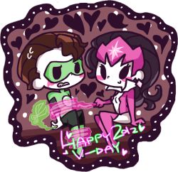 1boy 1girl black_eyes black_hair blush boots breasts brown_hair carol_ferris chibi dc_comics domino_mask earrings green_lantern green_lantern_(series) hal_jordan jewelry long_hair mask open_mouth ring smile star_sapphire_(dc) thigh_boots thighhighs