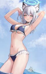 10_plus 2girls alternate_costume animal_ear_fluff animal_ears aqua_eyes arm_behind_back armpits arms_up arona_(blue_archive) bikini black_choker blue_archive blue_bikini bow_hairband breasts chibi choker closed_eyes contrapposto cowboy_shot cross cross_choker cross_hair_ornament dutch_angle extra_ears frilled_bikini frills grey_hair hair_between_eyes hair_ornament hairband halo hand_in_own_hair highres innertube looking_at_viewer medium_breasts medium_hair multiple_girls navel ocean parted_lips shiroko_(blue_archive) stomach swim_ring swimsuit underboob wading wet whale wolf_ears