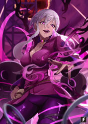 Rule 34 | 1girl, ben 10, breasts, charmcaster, cleavage, earrings, evil smile, gem, jewelry, long sleeves, low ponytail, monster, moon, open mouth, pants, pink shirt, ponytail, puffy long sleeves, puffy sleeves, purple eyes, purple nails, purple pants, purple sky, red moon, shirt, sky, smile, solo, teng zhai zi, white hair