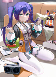 1girl absurdres bangboo_(zenless_zone_zero) belle_(zenless_zone_zero) black_shirt breasts chinese_clothes couch eous_(zenless_zone_zero) green_eyes hair_between_eyes hair_ornament highres indoors letter_hair_ornament long_hair long_sleeves looking_at_viewer medium_breasts pantyhose puffy_sleeves shirt sitting smile twintails wariza weeyi_33929439 white_pantyhose zenless_zone_zero