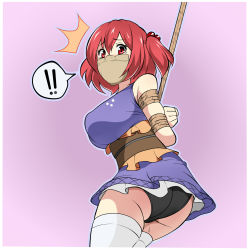 ! !! 1girl ^^^ arms_behind_back asphyxiation ass bdsm black_panties bondage bound breasts cloth_gag female_focus gag gagged hair_bobbles hair_ornament highres improvised_gag jam-orbital large_breasts miniskirt obi onozuka_komachi over_the_nose_gag panties pantyshot red_eyes red_hair rope sash shibari short_hair short_twintails skirt solo sweatdrop tears thighhighs touhou twintails two_side_up underwear white_thighhighs