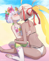 2girls absurdres ahoge artist_name ass bikini blush breasts butt_crack closed_eyes commission commissioner_upload dark-skinned_female dark_skin earrings fate/grand_order fate_(series) flat_chest flower flower_bikini glowing glowing_hair hair_flower hair_ornament height_difference highres hug jewelry kama_(fate) kama_(swimsuit_avenger)_(fate) kama_(swimsuit_avenger)_(first_ascension)_(fate) kiss linhcoris long_hair medium_breasts multi-strapped_bikini_top multiple_girls okita_souji_(fate) okita_souji_alter_(swimsuit_saber)_(fate) okita_souji_alter_(swimsuit_saber)_(third_ascension)_(fate) pink_nails ponytail sandals short_hair sitting sitting_on_lap sitting_on_person skirt straddling sweat swimsuit tassel tassel_hair_ornament thigh_straddling thighhighs very_long_hair white_bikini white_hair white_thighhighs yuri