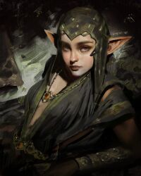 Rule 34 | 1girl, artist name, belt, bracelet, breasts, center opening, closed mouth, coif, commentary, elf, english commentary, highres, jewelry, long pointy ears, looking at viewer, mole, mole above mouth, necklace, original, painterly, pointy ears, sebijy, solo, upper body