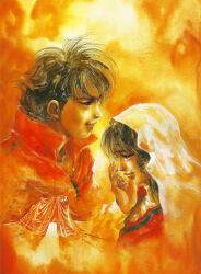 1980s_(style) 1boy 1girl black_hair blanket choujikuu_yousai_macross cloud crying highres ichijou_hikaru jumpsuit long_hair lynn_minmay macross mikimoto_haruhiko mullet official_art oldschool painting_(medium) production_art promotional_art retro_artstyle scan scarf signature tears traditional_media