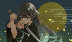 Rule 34 | 1boy, amd aoneko, black cloak, black hair, blue eyes, blue hair, cloak, closed mouth, dark background, gradient hair, hair between eyes, hands up, highres, holding, holding sword, holding weapon, kimetsu no yaiba, long hair, looking at viewer, male focus, moon, multicolored hair, petals, solo, sword, sword writing, tokitou muichirou, weapon