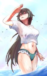 Rule 34 | 1girl, absurdres, alternate costume, bikini, bikini top under shirt, blue sky, breasts, commentary, english commentary, green bikini, grey hair, highres, honkai (series), honkai impact 3rd, large breasts, long hair, navel, outdoors, purple eyes, shirt, sky, solo, swimsuit, thatwasjack, tongue, tongue out, very long hair, vita (honkai impact), wading, wet, white shirt