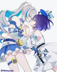 Rule 34 | 2girls, bare shoulders, blue butterfly, blue hair, blue skirt, bronya zaychik, bug, butterfly, closed mouth, clothing cutout, commentary, dress, grey eyes, grey hair, hashtag-only commentary, highres, holding hands, honkai (series), honkai impact 3rd, insect, interlocked fingers, long sleeves, multicolored hair, multiple girls, oldsprout1108, parted lips, ponytail, purple eyes, purple hair, seele vollerei, shoulder cutout, simple background, skirt, smile, streaked hair, thigh strap, twitter username, white background, white dress, white hair, yuri
