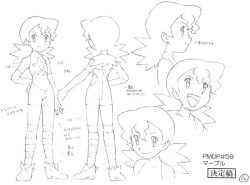 1girl aged_down character_name hand_on_own_hip japanese_text jenny_(pokemon) marble_(pokemon) nintendo official_art pokemon pokemon_(anime) pokemon_dp059 pokemon_dppt_(anime) reference_sheet shoes smile spandex striped_clothes striped_thighhighs thighhighs
