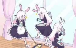 3girls animal_ears apron black_dress blunt_bangs blush bottle chibikki cleaning closed_eyes curtains double-parted_bangs dress frilled_apron frills gloves highres holding holding_bottle holding_mop indoors long_hair looking_down maid maid_apron moon_rabbit mop mopping multiple_girls notice_lines open_mouth original parted_bangs rabbit_ears rabbit_girl red_eyes rubber_gloves running sitting slippers smile spray_bottle standing standing_on_one_leg very_long_hair white_apron white_hair window wiping wooden_floor