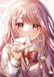 1girl absurdres bow bowtie brown_sweater_vest cherry_blossoms collared_shirt commentary_request covered_mouth crying crying_with_eyes_open dappled_sunlight day dot_nose dress_shirt falling_petals gradient_eyes hair_over_shoulder hand_up highres holding holding_letter jacket letter light_blush long_hair long_sleeves looking_at_viewer love_letter mochita_sei multicolored_eyes original outdoors petals pink_jacket plaid_bow plaid_bowtie plaid_clothes red_bow red_bowtie shirt solo straight-on sunlight sweater_vest swept_bangs tears upper_body white_shirt