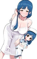 2girls adjusting_hair aged_down bent_over blue_hair blue_shirt blush breasts brown_eyes buttons cleavage collarbone commentary cup dot_nose dress drink drinking_straw half-closed_eyes hand_on_own_thigh hat highres holding holding_cup hothot148 idolmaster idolmaster_million_live! idolmaster_million_live!_theater_days kitakami_reika kitakami_reika&#039;s_mother large_breasts long_hair long_sleeves looking_at_viewer mature_female medium_hair mole mole_under_eye mother_and_daughter multiple_girls puffy_short_sleeves puffy_sleeves shirt short_sleeves sidelocks white_background white_dress white_hat