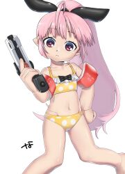 1girl ahoge armband bare_shoulders bikini black_bow bow bow_bikini character_name closed_mouth clothes_writing collarbone commentary_request doll_joints expressionless flat_chest frilled_bikini frills gun hand_on_own_hip headgear high_ponytail highres hoihoi-san holding holding_gun holding_weapon ichigeki_sacchuu!!_hoihoi-san index_finger_raised inflatable_armbands joints long_hair looking_at_viewer nanja navel pink_hair pointy_ears polka_dot polka_dot_bikini ponytail purple_eyes red_armband sidelocks simple_background solo stomach swimsuit weapon white_background yellow_bikini