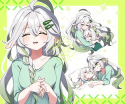2girls absurdres aged_down ahoge alternate_costume alternate_hairstyle alternate_universe blush braid casual closed_eyes collarbone colored_eyelashes contemporary cross-shaped_pupils eyelashes facing_another facing_viewer fingernails genshin_impact gradient_hair green_background green_eyes green_hair green_shirt green_sleeves hair_between_eyes hair_down hair_ornament hairclip head_on_pillow highres hug huge_ahoge interlocked_fingers long_hair lying mother&#039;s_day multicolored_hair multiple_girls nahida_(genshin_impact) oishii_sasa on_back on_bed open_mouth own_hands_together pillow pointy_ears puffy_sleeves rukkhadevata_(genshin_impact) shirt side_braid side_ponytail sidelocks single_braid sleeping symbol-shaped_pupils three-quarter_sleeves very_long_hair watermark wavy_hair white_hair white_sleeves