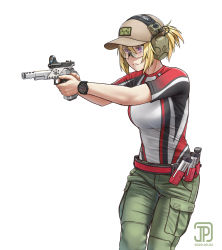 1girl baseball_cap blonde_hair commentary ear_protection english_commentary finger_on_trigger goggles gun handgun hat holding holding_gun holding_weapon jpc original pistol ponytail purple_eyes safety_glasses solo watch weapon white_background wristwatch