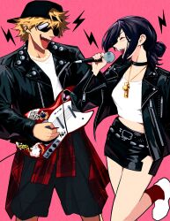 1boy 1girl apt._(rose_&amp;_bruno_mars) baseball_cap black_choker black_hat black_jacket black_shorts black_skirt blonde_hair bob-omb bullet_bill choker denji_(chainsaw_man) electric_guitar gold_necklace guitar hair_bun hat heartbreak_juan highres holding holding_plectrum instrument jacket jewelry leather leather_jacket lightning_bolt_symbol mario_(series) marvel miles_morales music necklace nintendo open_mouth plectrum pochita_(chainsaw_man) purple_hair red_socks reze_(chainsaw_man) sharp_teeth shirt shorts singing single_hair_bun skirt socks spider-man_(series) spider-verse sunglasses teeth tongue tongue_out white_shirt