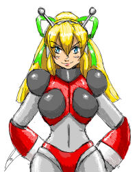 1girl antennae armor armored_gloves bikini_armor blonde_hair blue_eyes blue_ribbon borockman breasts character_request deviantart earphones green_eyes green_ribbon hairband hand_on_own_hip hands_on_own_hips huge_breasts hyper_roll_(marvel_vs._capcom) lipstick long_hair looking_at_viewer makeup marvel_vs._capcom mechanical_arms mechanical_legs mega_man_(series) ponytail radio_antenna ribbon robot robot_girl roll_(mega_man) shoulder_armor sidelocks single_mechanical_arm smile