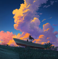 1girl absurdres blue_sailor_collar blue_skirt blue_sky boat cloud commentary_request dog facing_away from_behind grass highres long_hair original outdoors pei_(sumurai) pleated_skirt sailor_collar scenery school_uniform scrunchie shirt short_sleeves skirt sky solo watercraft white_shirt wide_shot wrist_scrunchie