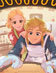 1boy 1girl alternate_hairstyle ariettys_art baking blonde_hair blue_eyes blush cooking couple earrings food food_on_face green_eyes highres jewelry link long_hair nintendo open_mouth oven oven_mitts pointy_ears powder princess_zelda short_hair smile the_legend_of_zelda the_legend_of_zelda:_breath_of_the_wild the_legend_of_zelda:_tears_of_the_kingdom