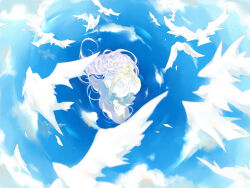 1girl bare_arms bare_shoulders bird blue_sky bright_pupils chinese_commentary cloud commentary_request day dinned dove dress feathers floating_clothes floating_hair flock from_above full_body green_eyes hair_between_eyes hand_in_own_hair highres long_hair original outdoors reflection reflective_water ripples sky sleeveless sleeveless_dress solo sundress very_long_hair wading white_dress white_pupils wind