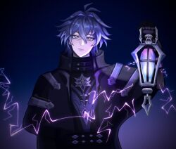 Rule 34 | 1boy, ahoge, antenna hair, bags under eyes, black coat, black gloves, blue hair, closed mouth, coat, collared coat, curly hair, electricity, flins (genshin impact), genshin impact, gloves, glowing, glowing eyes, gradient background, gradient hair, hair between eyes, hashtag-only commentary, head tilt, high collar, highres, holding, holding lantern, huge ahoge, lantern, long hair, long sleeves, looking at viewer, multicolored hair, no pupils, purple background, ryn (mozqiu), shade, solo, standing, thick lips, upper body, yellow eyes