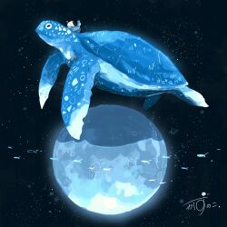 Rule 34 | 1other, absurdres, animal, animal focus, artist name, black eyes, blue jacket, cellphone, closed mouth, commentary, fish, flying fish, gloves, helmet, highres, holding, holding phone, jacket, kazunoko (kazunoko zunoco), looking at phone, lying, lying on animal, moon, on animal, on back, original, oversized animal, phone, radio antenna, sea turtle, shadow, signature, smartphone, space, space helmet, star (sky), turtle, white gloves