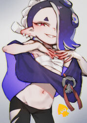 1girl black_pants blue_hair blue_shawl chest_sarashi earrings flat_chest hair_over_one_eye highres jewelry looking_at_viewer multiple_earrings natsuhiko navel nintendo octoling pants red_eyes sarashi shawl shiver_(deep_cut_outfit)_(splatoon) shiver_(splatoon) short_hair smile solo splatoon_(series) splatoon_3 tentacle_hair