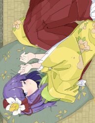 Rule 34 | 1girl, absurdres, blush, bow, floral print, floral print kimono, flower, green kimono, hair flower, hair ornament, hakama, hakama skirt, hieda no akyuu, highres, japanese clothes, kimono, long sleeves, lying, pillow, print kimono, purple eyes, purple hair, skirt, solo, tatutaniyuuto, touhou, wide sleeves