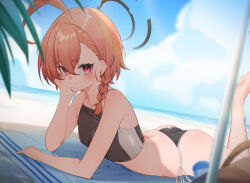 1girl :/ ahoge alternate_costume ass barefoot beach beach_mat bikini bikini_bottom_only black_bikini black_halo blue_archive blue_sky blurry blurry_foreground blush braid breasts closed_mouth cloud cloudy_sky commentary crop_top crossed_bangs day dutch_angle elbow_rest feet foot_out_of_frame foot_up hair_between_eyes halo hand_on_own_cheek hand_on_own_face head_rest horizon huge_ahoge light_rays looking_at_viewer lying mole mole_under_each_eye mole_under_eye multiple_moles neru_(blue_archive) ocean on_stomach orange_hair outdoors pink_eyes shade shore short_eyebrows side-tie_bikini_bottom single_braid skoll_world sky small_breasts soles solo sunbeam sunlight swimsuit symbol-only_commentary toes v-shaped_eyebrows water
