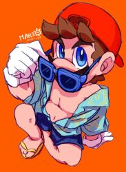 1boy backwards_hat blue_eyes facial_hair gloves hat highres looking_at_viewer looking_up male_focus mario mario_(series) mario_(sunshine) mustache nintendo official_alternate_costume open_clothes open_shirt red_hat sandals shirt shorts sunglasses super_mario_sunshine tagme uni_x64