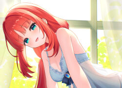 Rule 34 | 1girl, aqua eyes, babydoll, bare shoulders, blue gemstone, blue ribbon, breasts, ewaaawa, gem, genshin impact, long hair, looking at viewer, medium breasts, nightgown, nilou (genshin impact), open mouth, red hair, ribbon, see-through clothes, smile, solo, twintails, upper body, window