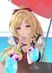 1girl aki_rosenthal aki_rosenthal_(holonatsu_paradise) blonde_hair blush bow breasts cleavage cup drinking_glass drinking_straw food hair_bow hair_ornament hairclip hands_on_own_face haro_art head_rest highres hololive holonatsu_paradise large_breasts long_hair looking_at_viewer official_alternate_costume official_alternate_hairstyle parted_bangs ponytail pov_across_table purple_eyes red_bow smile solo table tropical_drink very_long_hair virtual_youtuber