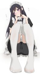1girl averting_eyes black_hair full_body hibike!_euphonium highres kousaka_reina lie_lack1080 long_hair maid maid_headdress no_shoes panties purple_eyes simple_background sitting solo thighhighs underwear very_long_hair white_background white_panties white_thighhighs
