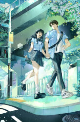 1boy 1girl black_bow black_bowtie black_eyes black_hair black_pants black_shoes black_skirt blue_shirt bow bowtie breasts brown_eyes building closed_mouth commentary commission_914 couple day earrings english_commentary hetero highres holding holding_hands holding_notebook jewelry light_particles long_hair looking_at_another medium_breasts notebook open_clothes open_mouth open_shirt original outdoors pants pedestrian_lights pleated_skirt raised_curb road road_sign scenery school_uniform shirt shoes short_hair sidewalk sign skirt sky sneakers socks street stud_earrings tree walking white_shirt white_shoes white_socks