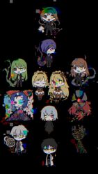 Rule 34 | 6+boys, 6+girls, ahoge, angela (project moon), artificial eye, ayin (project moon), benjamin (project moon), binah (project moon), black background, black hair, blonde hair, blue hair, bow, bowtie, brown bow, brown bowtie, brown capelet, brown hairband, cable, capelet, chesed (project moon), closed eyes, closed mouth, enkephalin (project moon), gebura (project moon), glitch, glowing, glowing eye, green eyes, grey hair, hair ornament, hairband, hairclip, heterochromia, highres, hod (project moon), hokma (project moon), kitaku (ienikaeru), library of ruina, lobotomy corporation, long hair, looking at viewer, malkuth (project moon), mechanical eye, medium hair, multicolored hair, multiple boys, multiple girls, netzach (project moon), open mouth, project moon, roots (hair), simple background, smile, tiphereth a (project moon), tiphereth b (project moon), very long hair, yellow eyes, yesod (project moon)