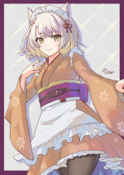1girl alternate_costume animal_ears black_pantyhose border cat_ears cat_girl commentary_request cowboy_shot grey_background grey_eyes grey_hair highres japanese_clothes kimono maid_headdress mio_(xenoblade) pantyhose purple_border short_kimono simple_background solo xenoblade_chronicles_(series) xenoblade_chronicles_3 yanagimachi yellow_kimono