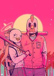 1boy 1girl assault_rifle baseball_bat blood blood_on_clothes blood_on_hands blood_splatter bloody_weapon blue_archive brown_hair bullpup cardigan chicken_mask crossover gun hair_ornament halo hifumi_(blue_archive) highres holding holding_weapon hotline_miami jacket jacket_(hotline_miami) l85 long_hair long_sleeves low_twintails masked palm_tree parabellum peroro_(blue_archive) rifle sun tree twintails weapon white_cardigan wing_hair_ornament winged_halo yellow_halo