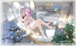 3girls aglaea_(honkai:_star_rail) bare_arms bare_legs barefoot bath between_legs bikini black_one-piece_swimsuit blonde_hair blue_flower castorice_(honkai:_star_rail) chenmzi_sasa chinese_commentary closed_eyes closed_mouth commentary_request flower grey_hair highres honkai:_star_rail honkai_(series) indoors long_hair multiple_girls one-piece_swimsuit pink_flower purple_eyes purple_hair short_hair smile stelle_(honkai:_star_rail) swimsuit toes towel trailblazer_(honkai:_star_rail) vase white_bikini yuri
